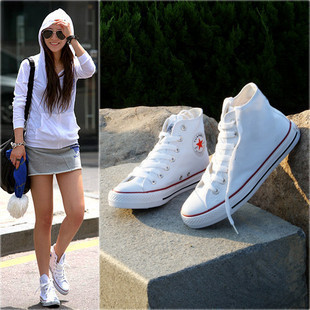韩版女鞋子白色红边高帮鞋系带休闲帆布鞋女球鞋 学生球鞋