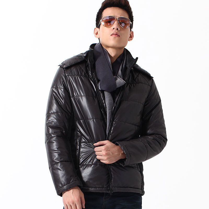 新款棉衣外套修身可脱帽纯色布材质拼接黑色格男仕棉衣 J153-1