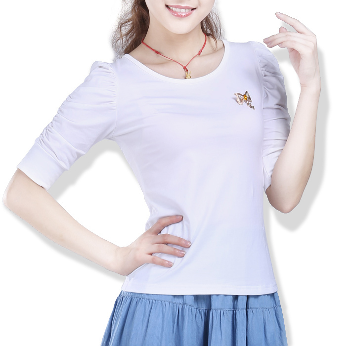002女短袖2014新款夏装韩版泡泡袖纯棉T恤白打底衫女装半袖上衣夏