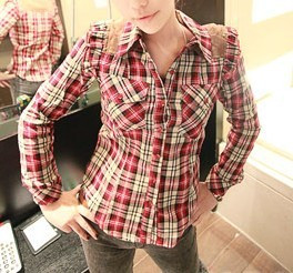 2011秋装新品女装 韩版修身小飞袖长袖 格子衬衫衬衣 铆钉荷叶袖