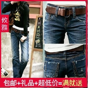 「绽放179朵」日韩新款韩版修身显瘦提臀做旧深蓝直筒牛仔裤 包邮