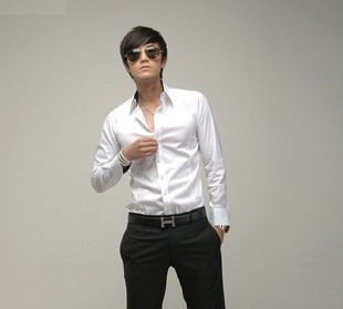男士白色韩版修身衬衫 男式商务休闲长袖衬衣 面试上班工作装上衣