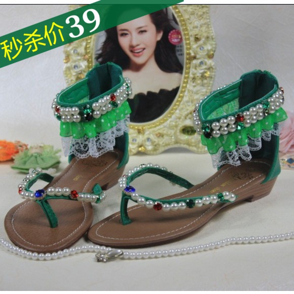 包邮韩国订单珍珠蕾丝凉鞋罗马公主绿色女鞋低跟串珠甜美凉鞋包邮