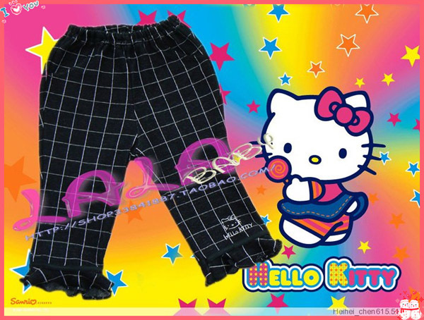 ^新推日本原版Hello Kitty格纹荷叶边绣花皮革贴边长裤-黑色