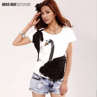 新款促销 2011 Missmay 杰西卡同款 天鹅亮片雪纺纯棉T恤DT04084