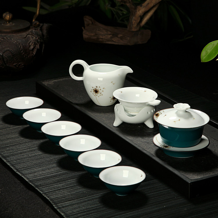 凝香阁 手绘 蒲公英 盖碗茶具套装 陶瓷色釉高档整套功夫茶具礼品