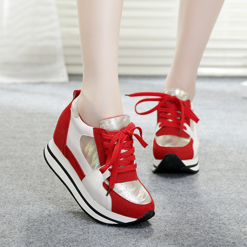 韩版新款小红鞋女隐形内增高厚底真皮8cm坡跟单鞋秋季休闲女鞋潮