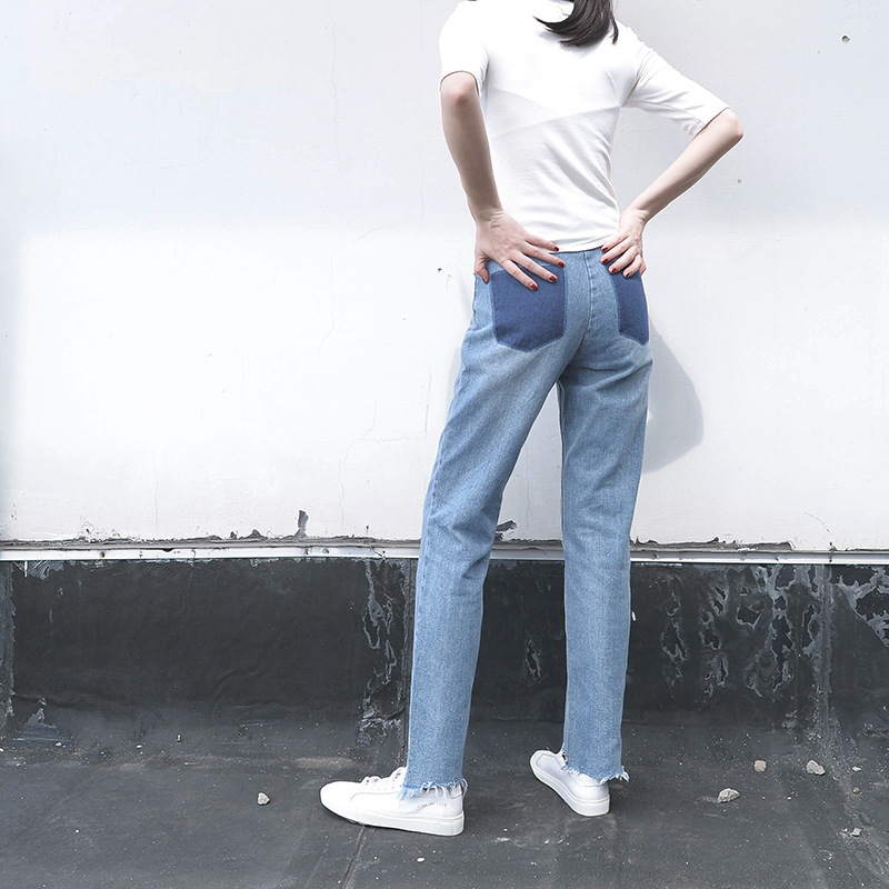 RR STUDIO 2017款时髦水洗蓝色自然磨边高腰提臀宽松小直筒牛仔裤