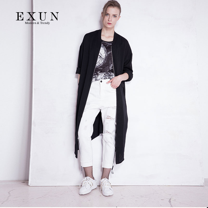 EXUN女装2017秋季新款外搭薄款外套拉链过膝女士黑色风衣女中长款
