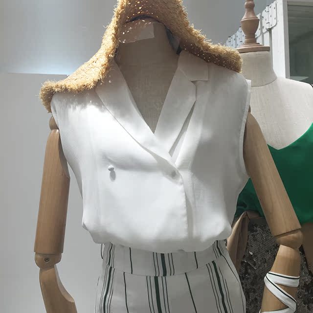韩国ulzzang2017夏季新品U ME无袖西装背心双排扣纯色白领上衣女