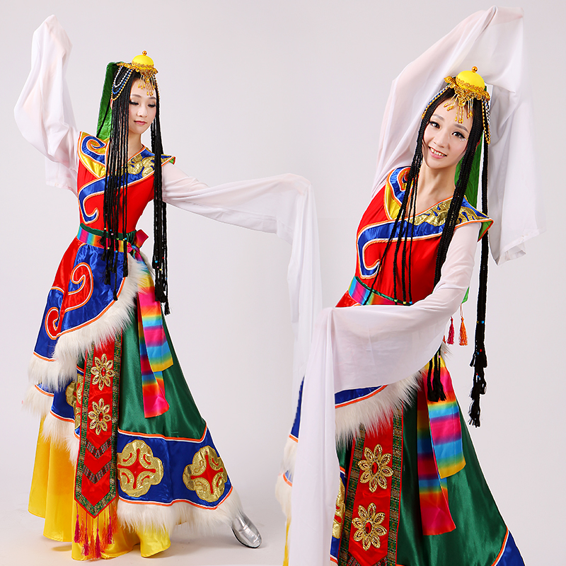 藏族舞蹈演出服装水袖藏族服饰大气女藏族舞台服装藏族水袖大摆裙