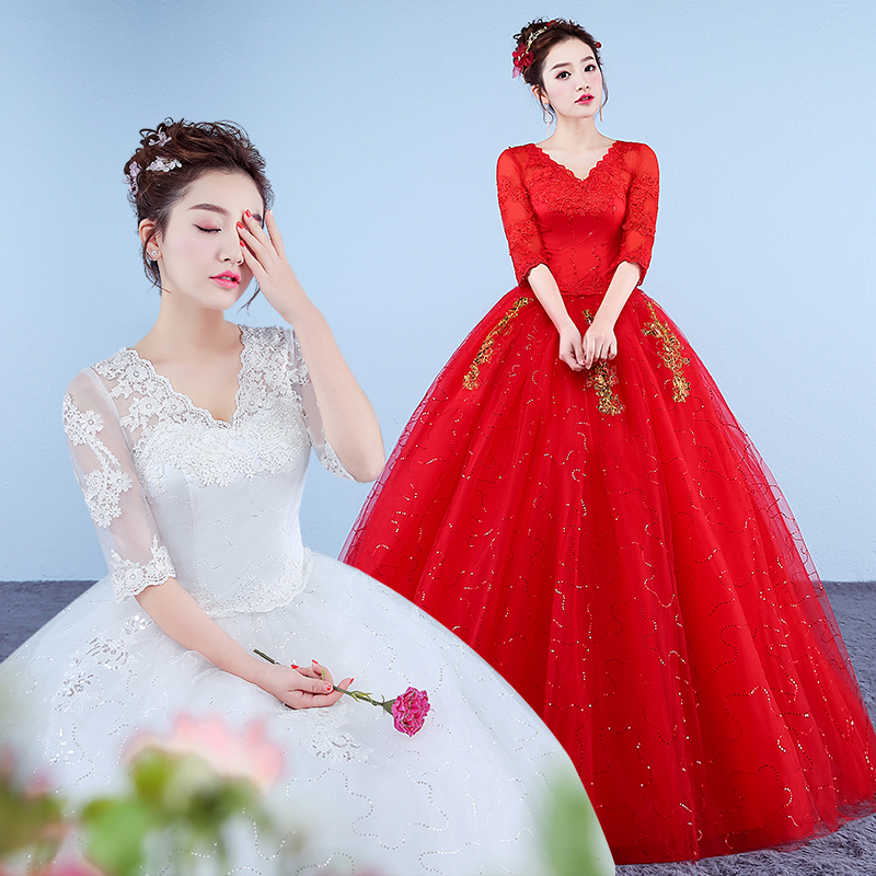 红色婚纱2017新款中袖子婚纱礼服新娘显瘦婚纱一字肩简约V领婚纱