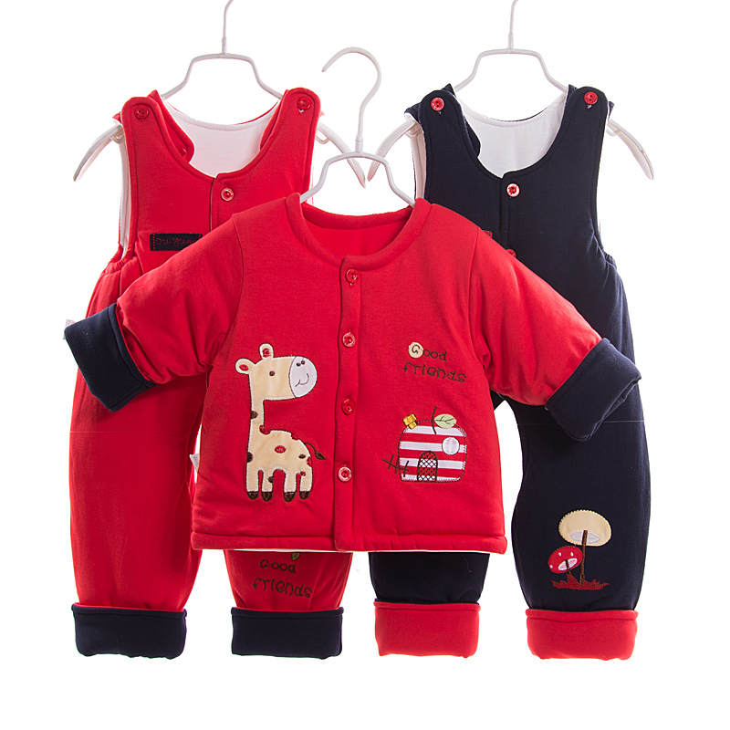 偶园新生婴儿衣服秋冬红色棉衣套装三件套纯棉宝宝背带裤0-12个月