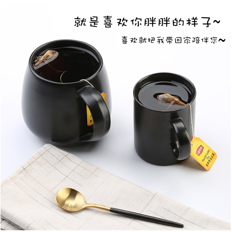黑色亚光杯500ml奶茶陶瓷超大容量马克杯带盖勺咖啡杯定制logo