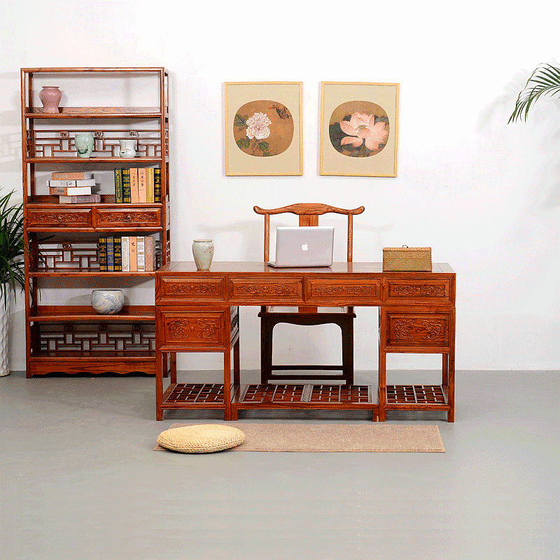 明清古典 简约实木书桌 1.6米写字台 雕花办公桌 厂家促销送木架