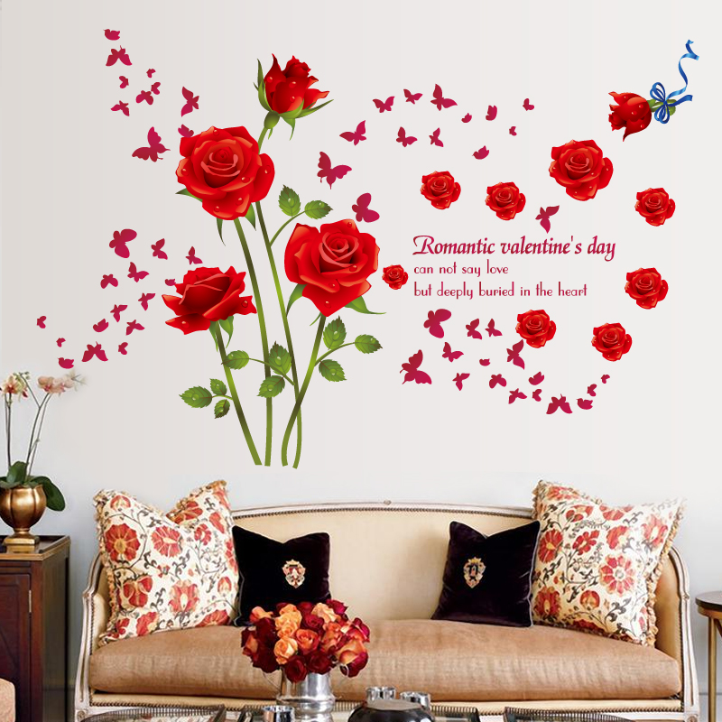 可移除墙贴 浪漫红色玫瑰花 浪漫温馨植物花卉贴纸客厅沙发背景
