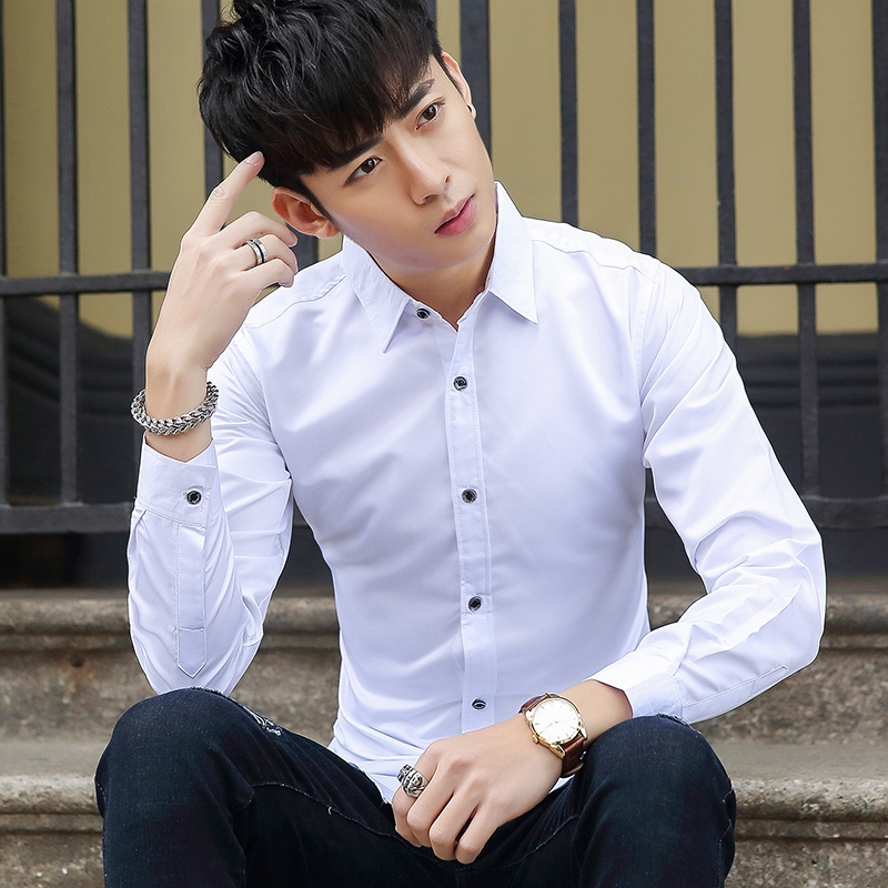 夏季白衬衫男长袖修身商务正装免烫韩版男士衬衣青年寸衫上班职工