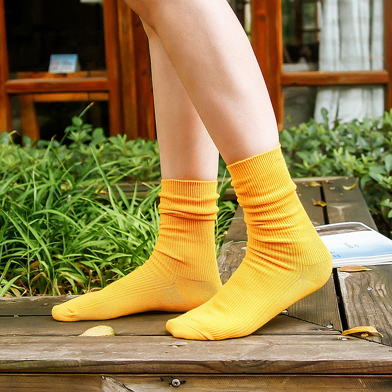韩国堆堆袜子薄款女士中筒森系日系百搭纯棉袜黑色黄色彩色潮长袜