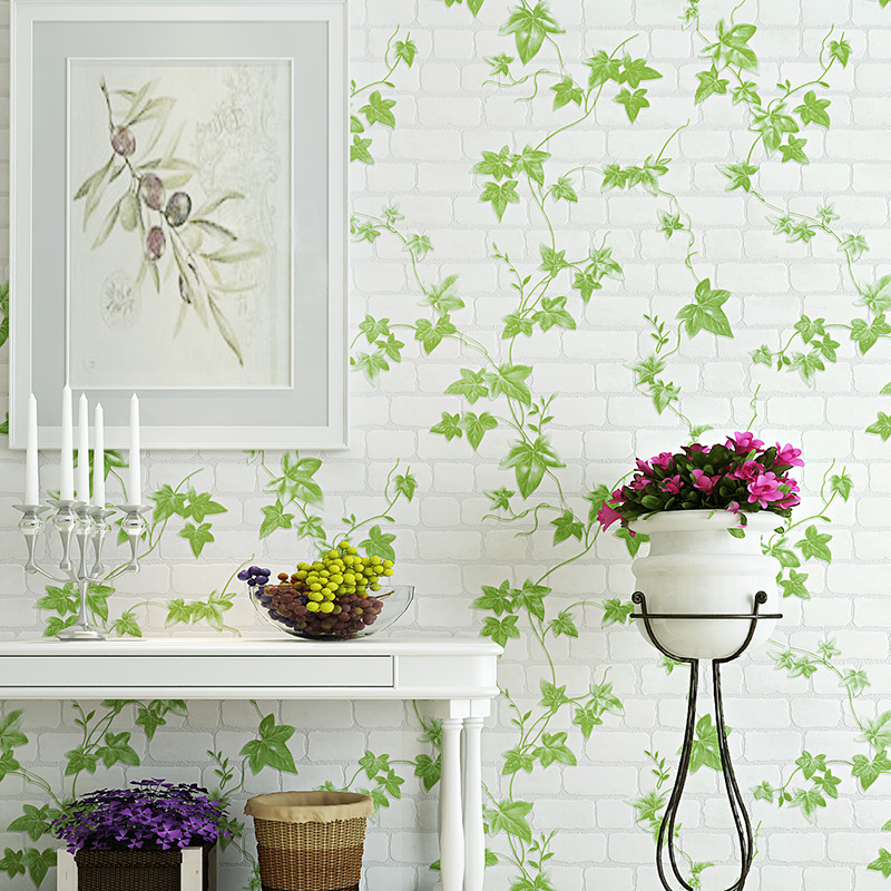 现代中式白色砖纹砖块绿叶清新3D立体墙纸卧室客厅茶楼背景墙壁纸