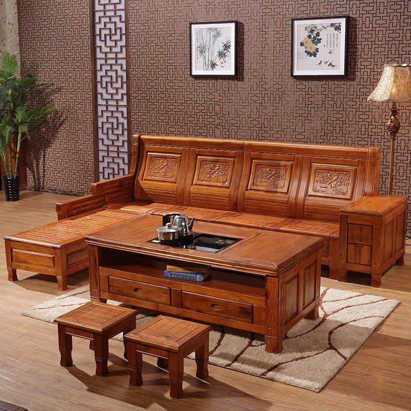中式实木香樟木沙发L型储物客厅转角贵妃木质沙发中式仿红木沙发
