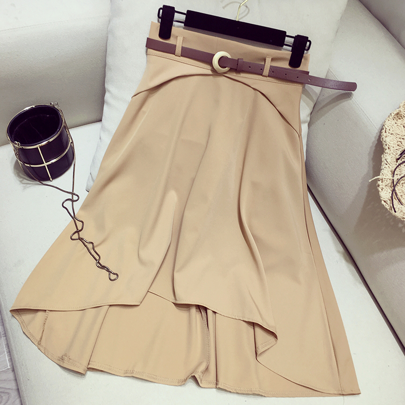 夏季新款韩版纯色腰部拼接装饰金属搭扣腰带前短后长中长款半身裙