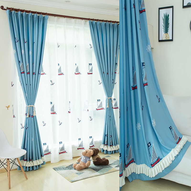 定制地中海风格蓝色城堡棉麻刺绣花窗帘纱儿童房男孩成品遮光布料