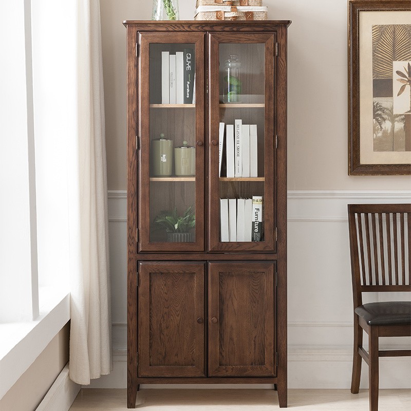 老青岛家具纯实木玻璃书柜 美式环保黑胡桃色红橡木大书架 置物架