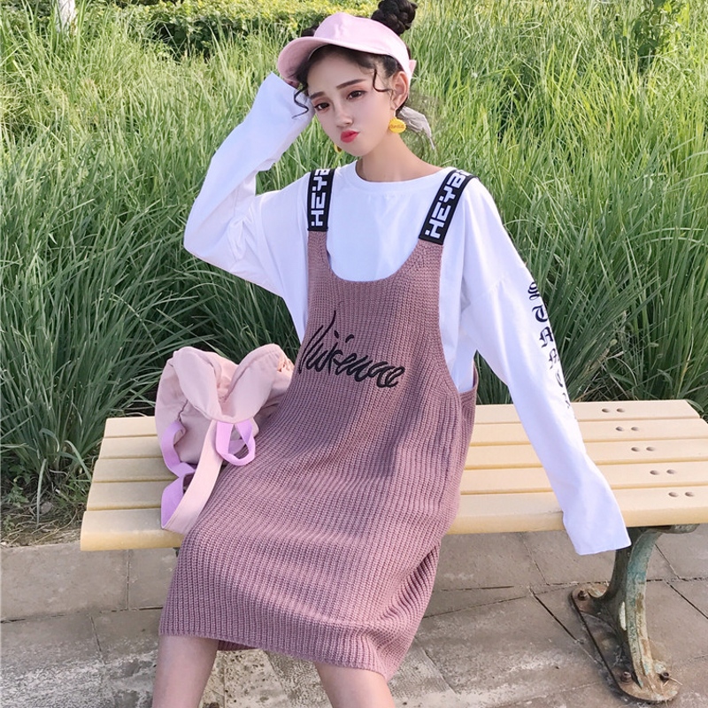 韩国新款字母织带拼接粗毛线背带裙女 复古BF数字刺绣学生连衣裙
