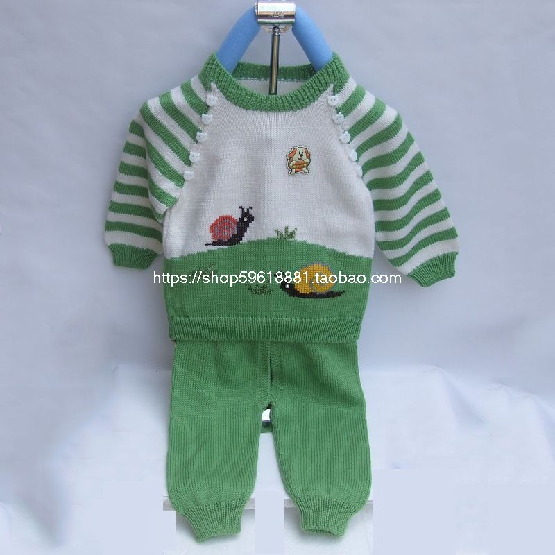纯手工编织婴儿羊毛线衣宝宝毛衣二件套装线衫幼儿童装草绿色47B