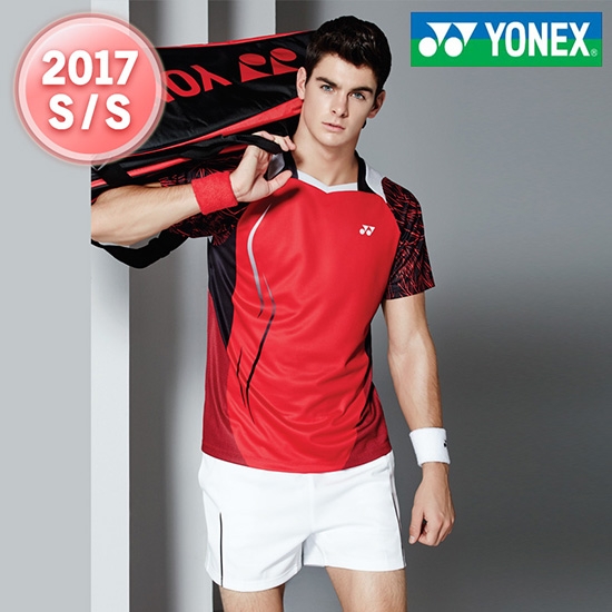 男套装羽毛球比赛训练服 尤尼克斯红色圆领短袖t恤白短裤2017新款