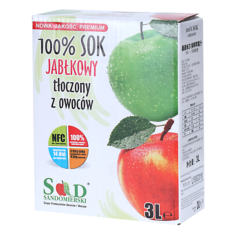 桑德米尔鲜榨苹果汁3L NFC果汁 100%压榨 无任何添加 波兰进口