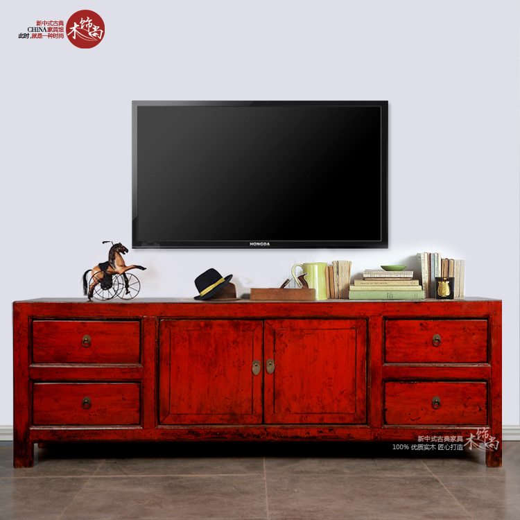 实木新中式电视柜组合电视机柜红色4屉2门做旧复古客厅家具包邮