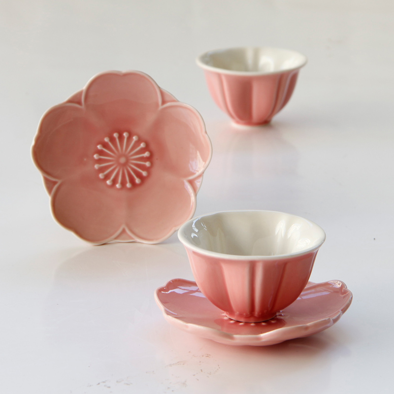 创意粉红色樱花异形陶瓷花茶杯碟套装女式陶瓷下午茶杯子配碟