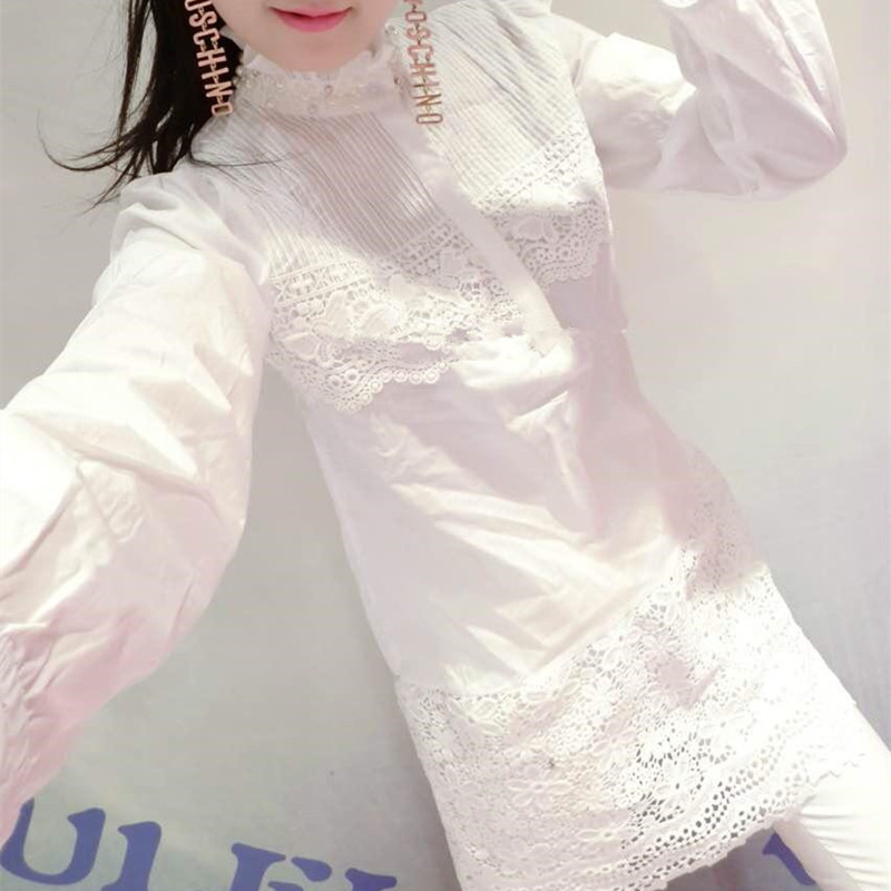 2017春装新款韩版女装钉珠连衣裙女长袖中长款衬衫修身蕾丝衬衫裙