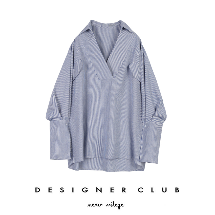 Designer club / oversize独特设计宽松蓝白条纹休闲衬衫女261
