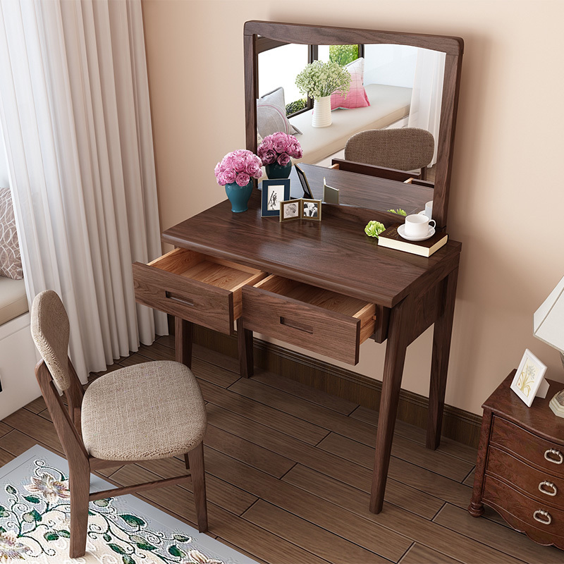 华纳斯 梳妆台卧室 美式实木小户型现代简约北欧梳妆台凳子组合