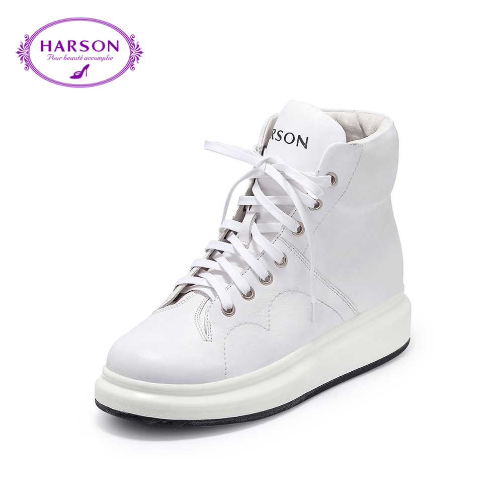 哈森女鞋真皮鞋纯皮系带高帮正品牌子黑色白色小白鞋运动深口单鞋