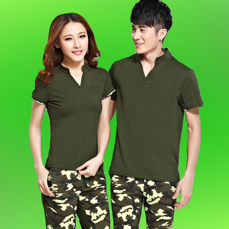 夏季新款短袖长裤情侣迷彩运动服 男女 户外休闲运动套装军绿色