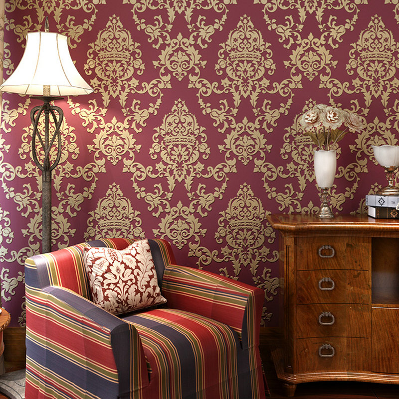 欧式壁纸复古 美式大马士革ab版墙纸 竖条纹紫色卧室客厅背景墙纸