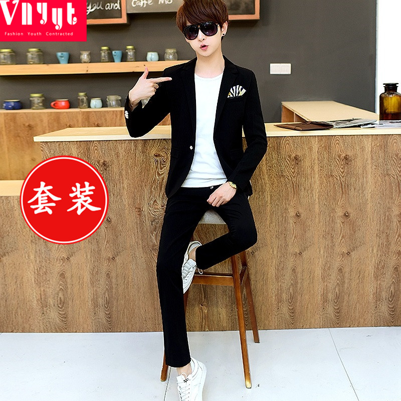 男士秋季西服套装男青年韩版修身型薄小西装修身一套潮休闲两件套
