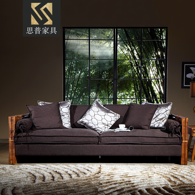 东南亚 实木沙发组合 水曲柳 客厅新中式布艺沙发 雕刻沙发