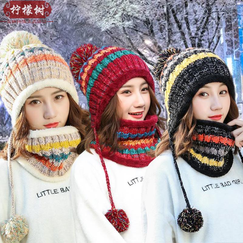 冬季学生帽子围巾女韩国毛线帽骑车针织套帽保暖加绒厚围脖一体帽