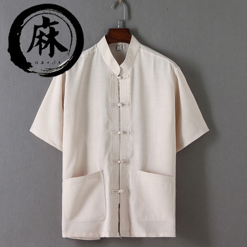 中国风唐装男青年2017夏季新款短袖中式复古亚麻衬衫棉麻纯色上衣