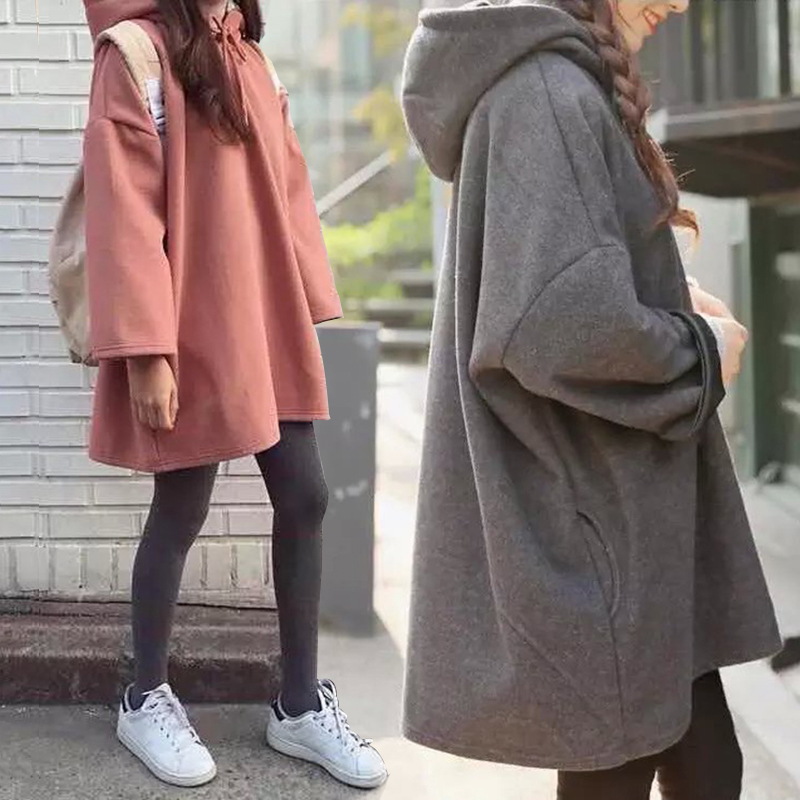 秋冬装韩版卫衣女中长款少女装中学生14 15 16岁加厚加绒冬季外套