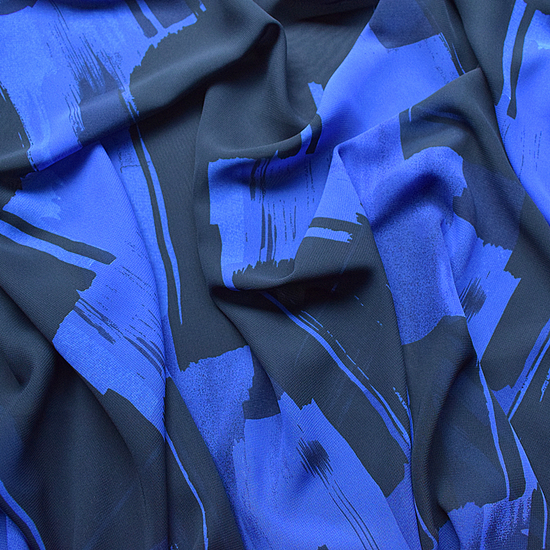 加捻雪纺珠布料 夏季 印花面料 蓝黑水墨抽象几何 高档服装面料