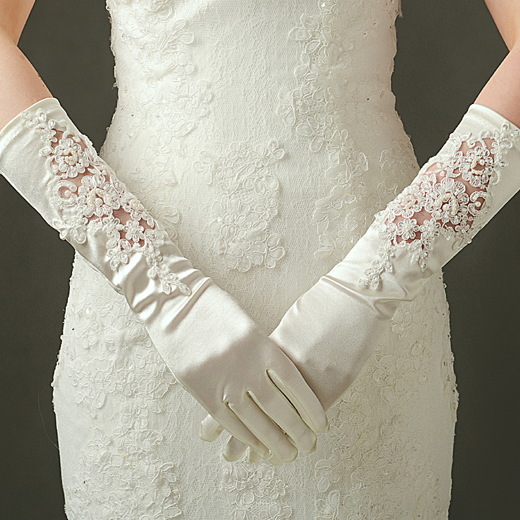 结婚手套秋冬新娘白色长款缎面韩版婚纱手套全指手套