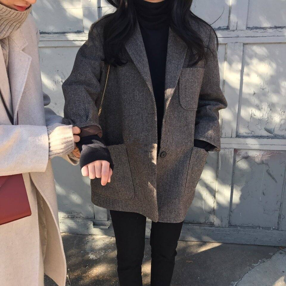 韩国 ins秋冬新品 复古气质多口袋设计栗棕色人字纹西装短外套女