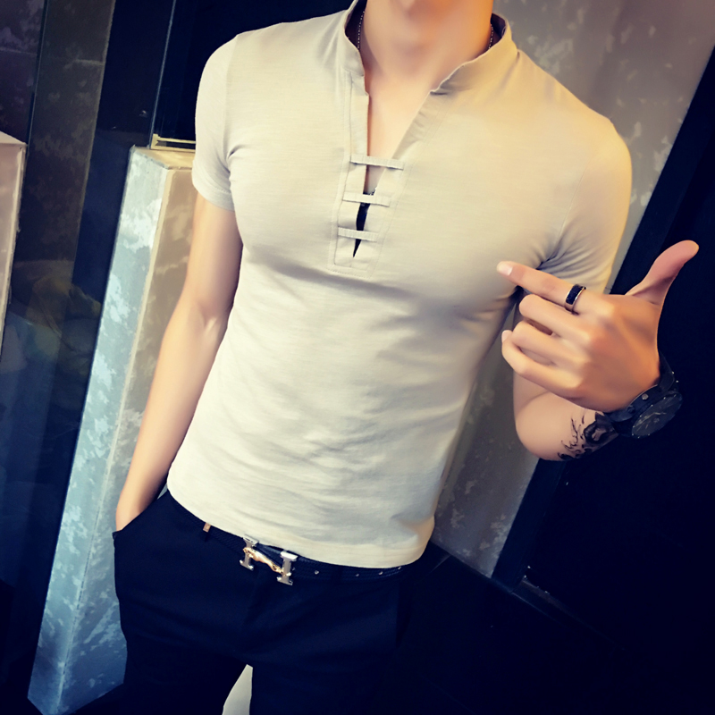 中国风男装男士短袖t恤韩版修身体恤衫男半袖立领t恤男潮夏季衣服