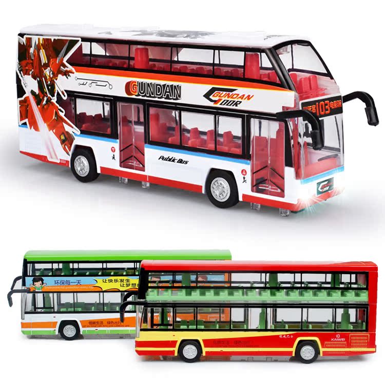 新款大号双层巴士机器人公交车真人语音回力三开门2-6岁玩具车模