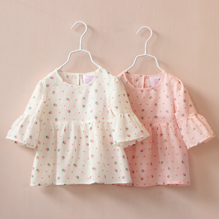 【清仓】女童衬衫夏季童装韩宝宝小草莓喇叭袖中袖儿童衬衫娃娃衫